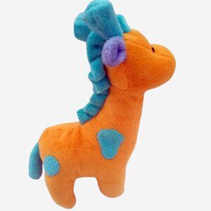 ORANGE BROWN GIRAFFE RATTLE 6 1/2" STUFFED ANIMAL BLUE SPOTS, MANE & HORNS